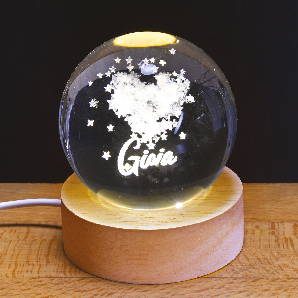 SFERA VETRO CON BASE IN LEGNO E LED “GIOIA”