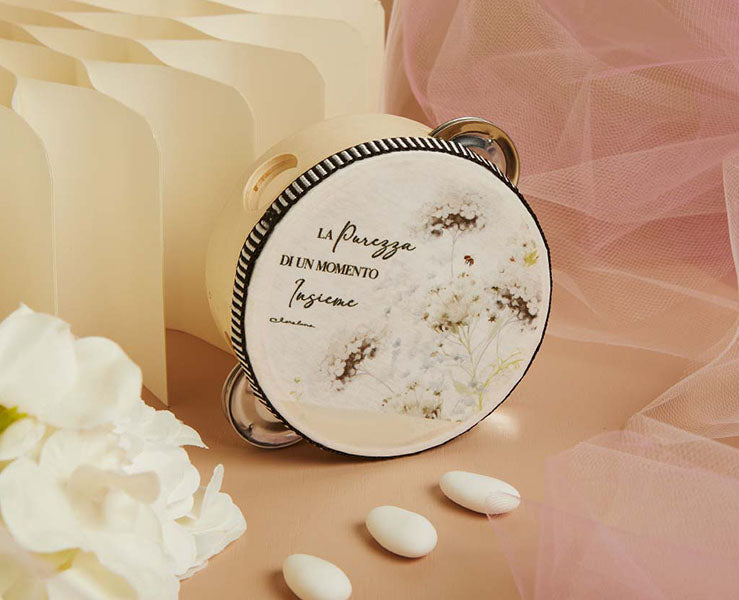 Bomboniera Claraluna Tamburello Decorativo Fiori Bianchi e Verdi
