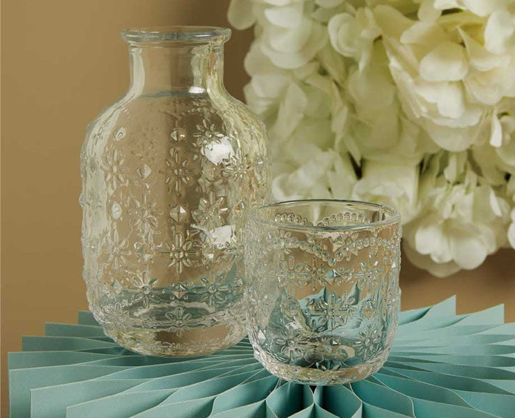 Set Caraffa Bicchiere Vetro Trasparente Decoro Floreale
