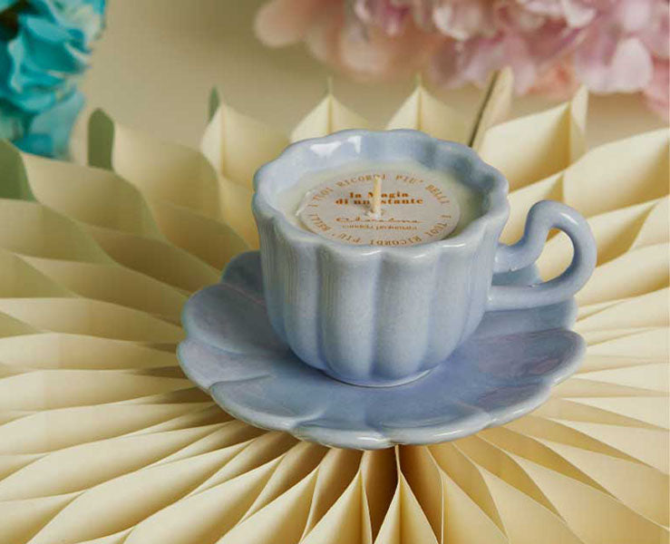 Candela in Tazza con Piattino Azzurro