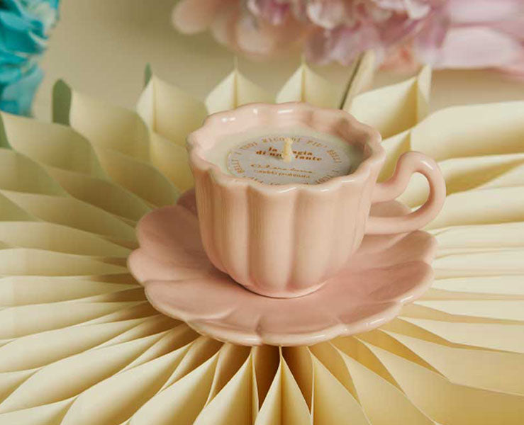 Candela in Tazza con Piattino Rosa