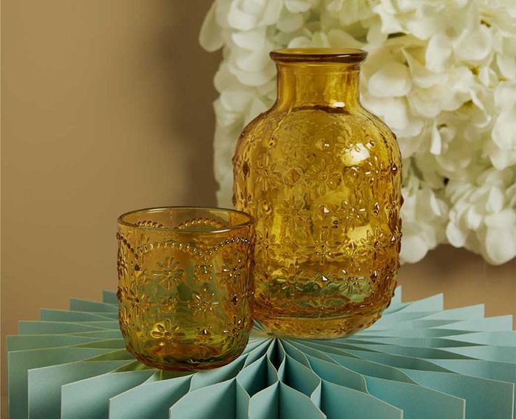 Set Caraffa Bicchiere Vetro Giallo Decoro Floreale