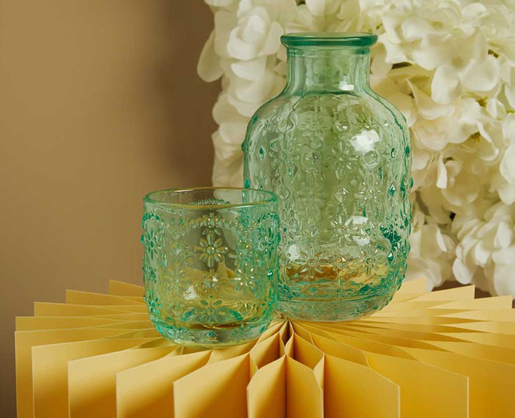 Set Caraffa Bicchiere Vetro Verde Decoro Floreale