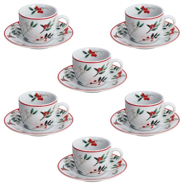 SET SEI TAZZINE DA CAFFE' CON PIATTINO HOLLYBERRY
